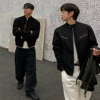 Куртка мужская осенняя свободная куртка с воротником-стойкой в корейском стиле в модном нишевом стиле с красивым верхом M чёрный
