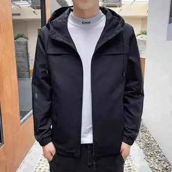 Куртка мужская тренчкот весна и осень гонконгский стиль повседневная мужская одежда молодежная свободная трендовая мужская куртка с капюшоном M чёрный