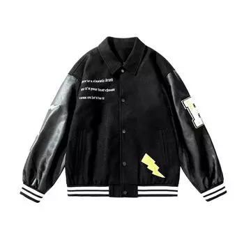 Куртка мужская весна и осень новый гонконгский стиль свободная куртка студенческая форма высокое качество верхние лацканы кожаные рукава M чёрный