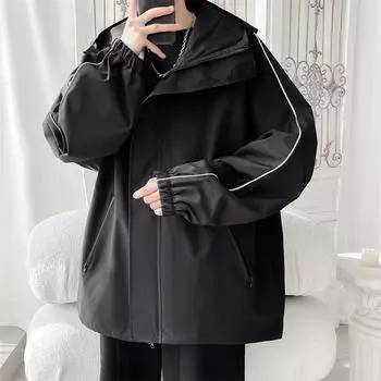 Куртка мужская весна и осень новый модный бренд свободный полосатый капюшон инструментальная студенческая красивая куртка зарядка топ мужской M