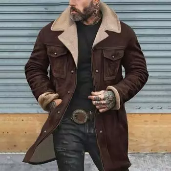 Куртка мужская Yousheng осень-зима шерстяное пальто однобортное с лацканами средней длины ветрозащитная куртка замшевая с несколькими карманами верхняя одежда S чёрный