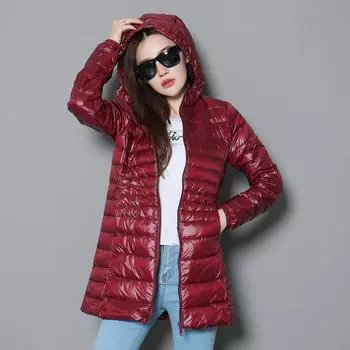 Куртка на белом утином пуху, женское ультралегкое пальто с капюшоном, тонкая парка с длинными рукавами S серебряный серый