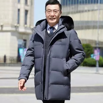 Куртка на гусином пуху, утепленная, мужская, средней длины, зимнее пальто для людей среднего и пожилого возраста, чтобы согреться Куртка на гусином пуху L