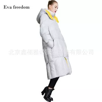 Куртка на гусином пуху женская длинная 2024 зимняя новая супер толстая модная контрастного цвета большого размера свободная широкая версия куртка выше колена 36S