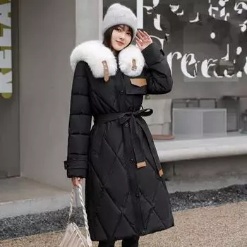 Куртка на хлопковой подкладке. Женское пальто с меховым воротником и пухом. Тонкая зимняя куртка с длинной талией выше колена. M хаки