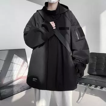 Куртка на липучке мужская весенняя новая уличная куртка с капюшоном Fat Man Plus Size Plus Size M чёрный