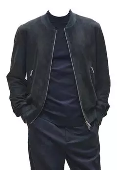 Куртка на молнии ручной работы мужская замшевая темно-синяя куртка-бомбер мягкая натуральная байкерская из овчины стильная S темно-синий