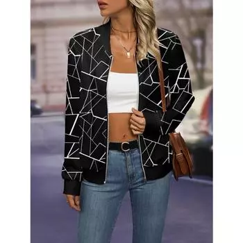 Куртка на молнии с геометрическим принтом, элегантная верхняя одежда с длинными рукавами для весны и осени, женская одежда S чёрный
