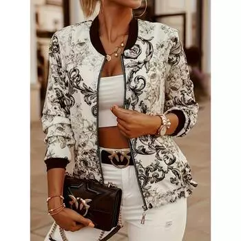 Куртка на молнии с винтажным графическим принтом, винтажная верхняя одежда с длинными рукавами и контрастной отделкой на весну и осень, женская одежда S чёрный