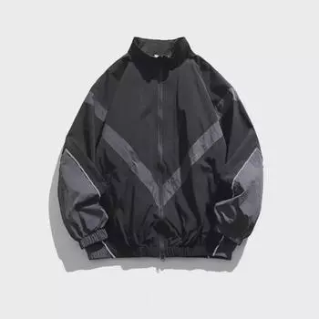 Куртка на молнии со светоотражающими стежками и воротником-стойкой - свободная унисекс, модная весна/осень XXL чёрный