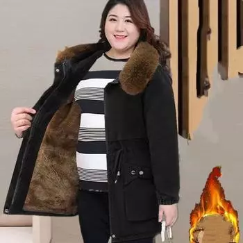 Куртка на плюшевой подкладке, Хлопковая куртка для среднего возраста, Женская осенне-зимняя свободная хлопковая куртка средней длины 6XL