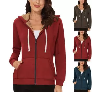 Куртка на подкладке женская фланелевая зимняя теплая флисовая на молнии с капюшоном и боковыми карманами осенние наряды для женщин L чёрный