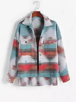 Куртка на пуговицах с этническим ацтекским принтом и карманами-клапанами ZAFUL S красный