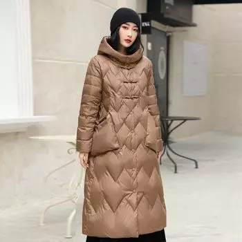 Куртка на пуговицах женская, средней и длинной длины, 2024, зимняя, новая, утолщенная, выше колена, кокон, стиль матери, дизайн, выглядит модно M хаки