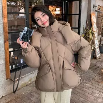 Куртка на пуху с хлопковой подкладкой, женская короткая зимняя модель, новая модная куртка на хлопковой подкладке, свободное утепленное пальто с капюшоном в корейском стиле M чёрный