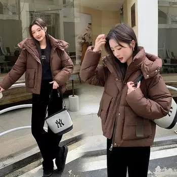 Куртка на пуху с хлопковой подкладкой Женская мода на осень и зиму новые модели Утолщенная короткая куртка на хлопковой подкладке Маленькая модная M темно-коричневого