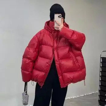 Куртка на утином пуху женская зимняя с длинным рукавом теплая свободная с капюшоном пальто One Size белый