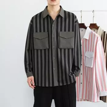 Куртка осень-зима жаккард студенческая Ins модная куртка верхняя часть с карманами длинный рукав полосатая рубашка мужская 4XL белый