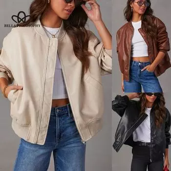 Куртка Пальто из искусственной кожи в уличном стиле Короткая байкерская куртка Пальто Верхняя женская повседневная куртка Высококачественная куртка S чёрный