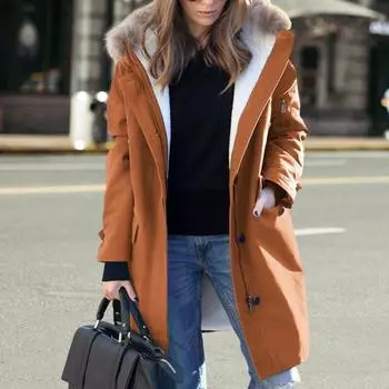 Куртка Пальто Сплошной цвет Ветрозащитная зимняя длинная куртка с капюшоном на флисовой подкладке 2XL красный