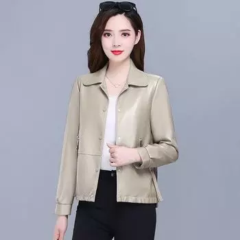 Куртка-пальто женская короткая маленькая одежда на весну и осень с отложным воротником из искусственной кожи и замши женская L