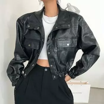 Куртка-пальто женская тонкая универсальная рабочая одежда корейская версия короткая тяжелая промышленная черная мотоциклетная куртка из искусственной кожи весна и осень уличные топы M