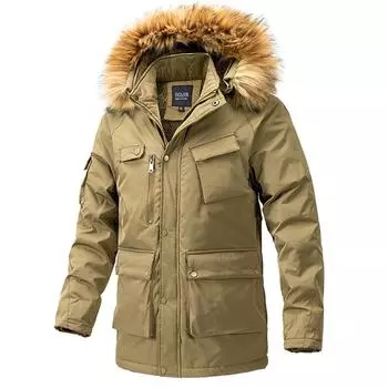 Куртка-парка, мужские зимние военные уличные куртки, верхняя одежда, пальто с капюшоном, теплые куртки на меховой подкладке L чёрный