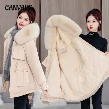 Куртка Parker Cotton размера Plus, женская, средней длины, с завязками на талии, зимняя, с подкладкой, с капюшоном, большим меховым воротником, однотонное хлопковое пальто M чёрный