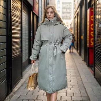 Куртка Parker с капюшоном, хлопковая, женская, средней и длинной длины, зимняя, свободная, из утолщенного бархата M чёрный