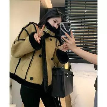 Куртка-паровоз из искусственной овечьей шерсти с начесом, утолщенная, женская зимняя, новая, воротник-стойка, вшитый мех, свободный верх S зелёный