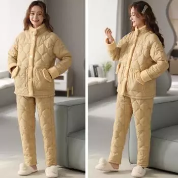 Куртка Пижама Женская Зимняя Трехслойная Теплая Плюшевая Утолщенная Домашняя Одежда Повседневная Для Молодежи Среднего Возраста Комплект Пижамы M
