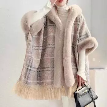 Куртка-плащ, зимняя, с блестками, кисточками, капюшоном, меховым воротником, шерстяная куртка 1192 # One Size