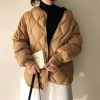 Куртка-пуховик без воротника с ромбами женская зимняя 2024 года, новая корейская версия, свободная и легкая, короткая куртка в гонконгском стиле, куртка-хлеб прилив S хаки