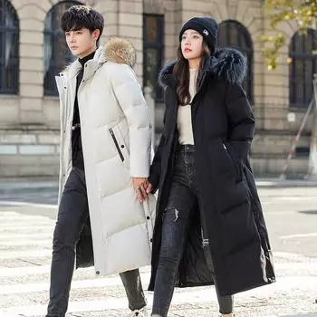 Куртка-пуховик длиной до колена для мужчин, зимняя, для молодежи и среднего возраста, с капюшоном и меховым воротником, модная, повседневная, теплая, для пар M чёрный