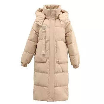 Куртка-пуховик для защиты от холода, женская зимняя куртка средней длины, утолщенная, выше колена, куртка-хлеб, куртка-пуховик с капюшоном S хаки