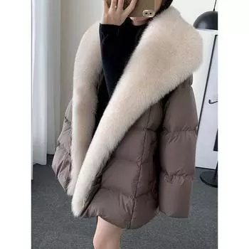 Куртка-пуховик из искусственного меха лисы с воротником из белого утиного меха, женская свободная, средней и длинной длины, термокуртка, новинка зимы 2024 года M 90-55kg