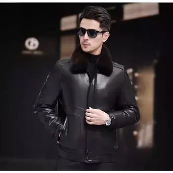 Куртка-пуховик из козьей кожи, мужская, с подкладкой из гусиного пуха, воротником из меха норки, кожаная куртка, повседневная, кожаная куртка, которую можно снять зимой L чёрный