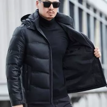 Куртка-пуховик из натуральной кожи для людей среднего возраста с белым утиным пухом, теплая куртка для папы с отворотом из натуральной овчины M