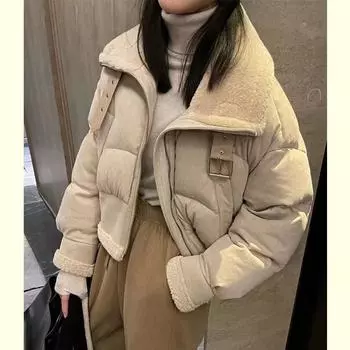 Куртка-пуховик из овечьей шерсти с отворотом, короткая, утолщенная, 90, новая, национального стандарта, женская, зимняя, теплая S90-62.5 kg бежевый