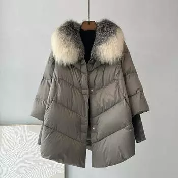 Куртка-пуховик из утиного меха, мех лисы, кожаная куртка Haining, женская, средняя и длинная, меховая куртка 2024 года, осень и зима, новые модели для молодых S recommends 85-60kg чёрный