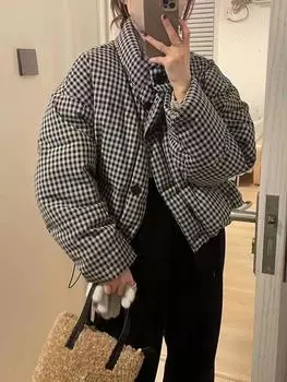 Куртка-пуховик на белом утином пуху в черно-белую клетку, женская зимняя модная, с воротником-стойкой, свободная, теплая, утолщенная, короткая S