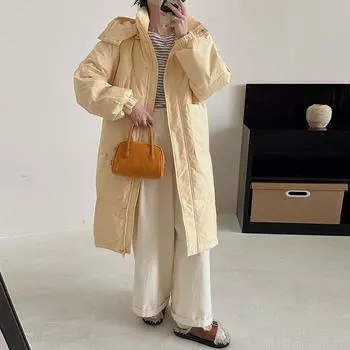 Куртка-пуховик на белом утином пуху женская длинная, 2024, зима, новый, с большим карманом, выше колена, с капюшоном, внешний утеплитель, большой размер S