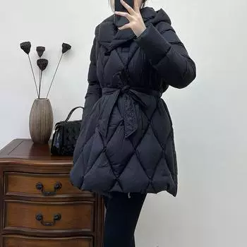 Куртка-пуховик на ромбовидной талии 90, белая, женская, короткая, зимняя, 2024, новая, тонкая, утолщенная S хаки