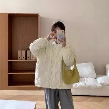 Куртка-пуховик с бейсбольным воротником, женская, зимняя, 2024 года, с тыквенным узором, маленькая белая, с утиным пухом, короткая, свободная, теплая куртка S