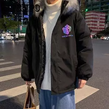 Куртка-пуховик с большим меховым воротником, мужская зимняя утепленная хлопковая куртка, обычная верхняя одежда с капюшоном, повседневная куртка, теплые пуховики на молнии, куртка для хлеба 3XL абрикосовый