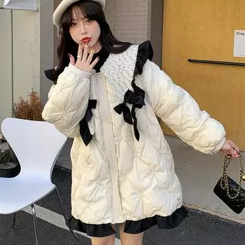 Куртка-пуховик с грибковым краем и кукольным воротником в виде ромба, женская зимняя, средней и длинной длины, милая и симпатичная, замедляющая старение, теплое пальто прилив one size fits all белый