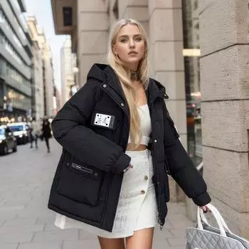 Куртка-пуховик с хлопковой подкладкой конфетного цвета, женская короткая, зимняя новая теплая куртка с хлопковой подкладкой 2024 года, женская свободная маленькая куртка с хлопковой подкладкой M чёрный