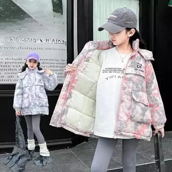 Куртка-пуховик с капюшоном для девочек Зимняя куртка из хлопка с толстой подкладкой Модная подходящая по цвету подкладка 110 темно-розовый