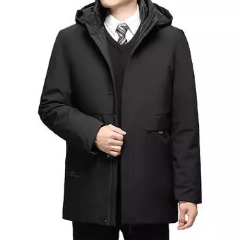 Куртка-пуховик с капюшоном для мужчин среднего и пожилого возраста, зимняя, новая тенденция, повседневная, утолщенная, теплая, пуховая куртка, тренчкот L чёрный