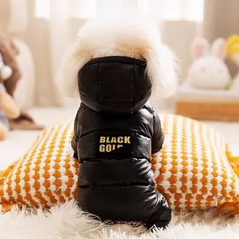 Куртка-пуховик с капюшоном из черного и золотого графена для маленьких собак и кошек - Осенне-зимняя одежда для домашних животных two-leg style, M золотой/чёрный